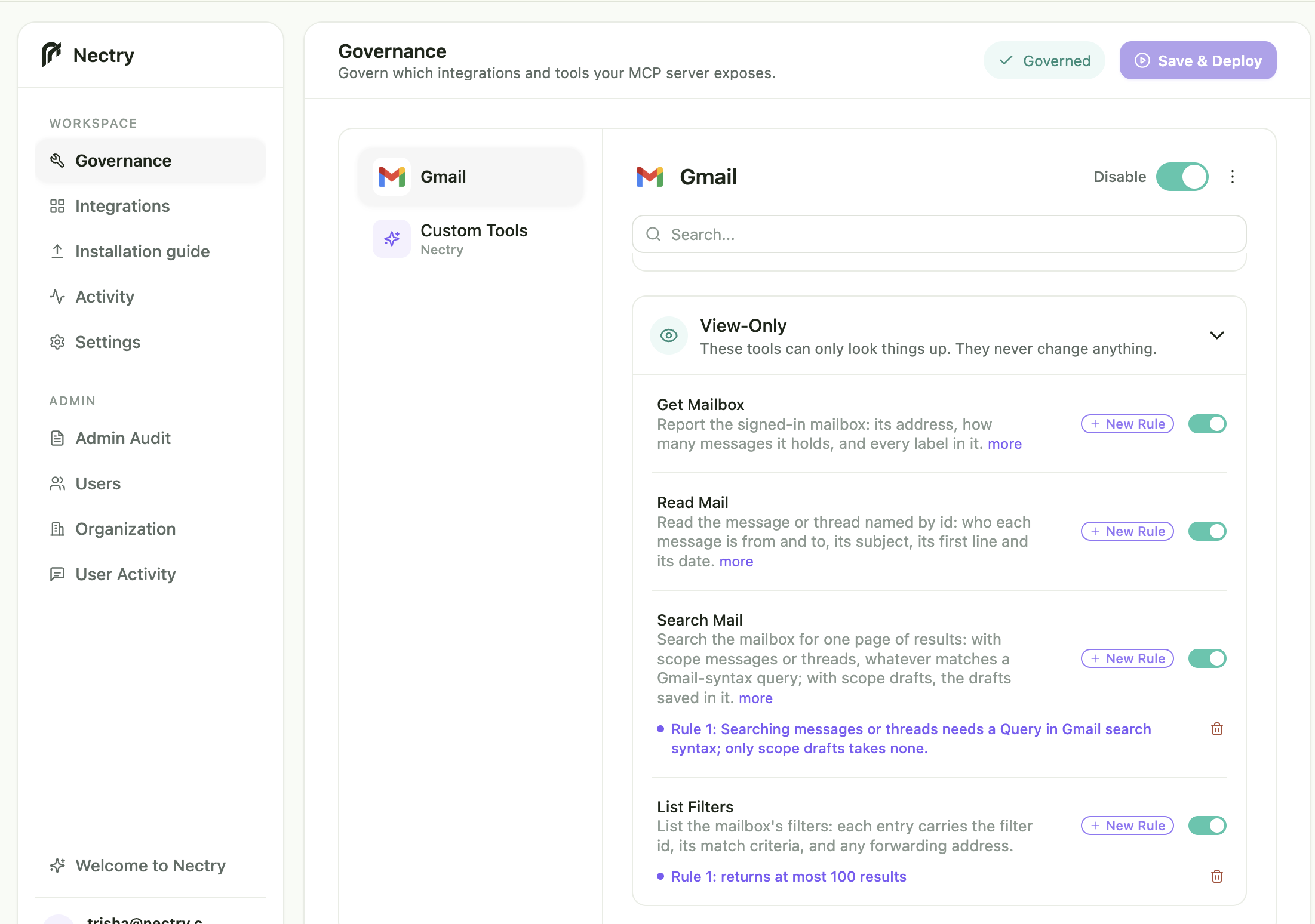 Nectry Governance workspace showing Gmail's view-only operations, each with its own toggle and rules