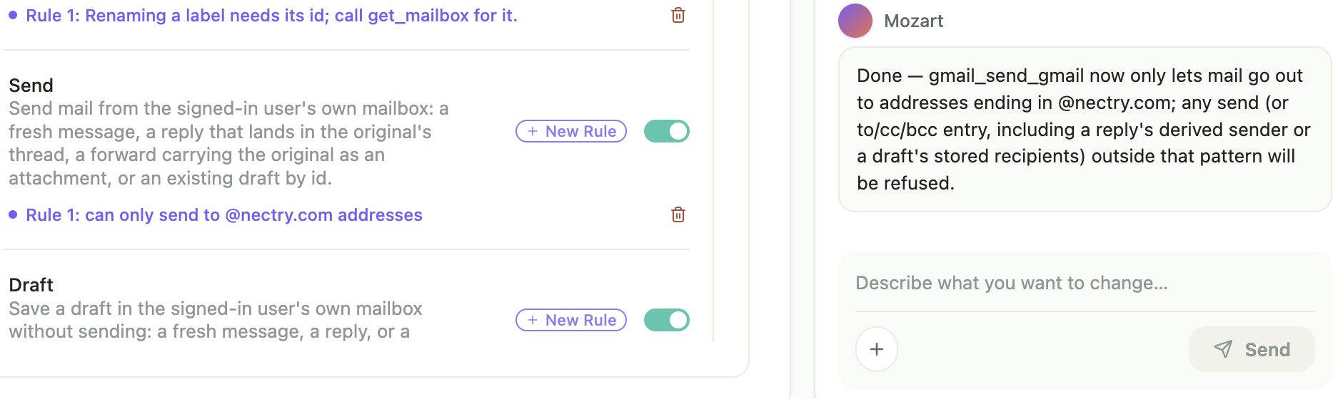Gmail Send operation with a rule limiting mail to @nectry.com addresses, next to Mozart confirming the change