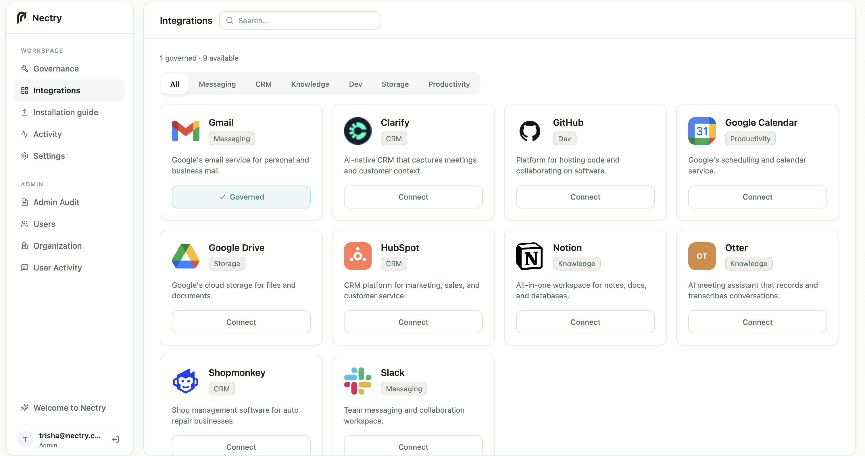 Nectry integration catalog showing Gmail, Calendar, Drive, GitHub, HubSpot, Slack, and other services