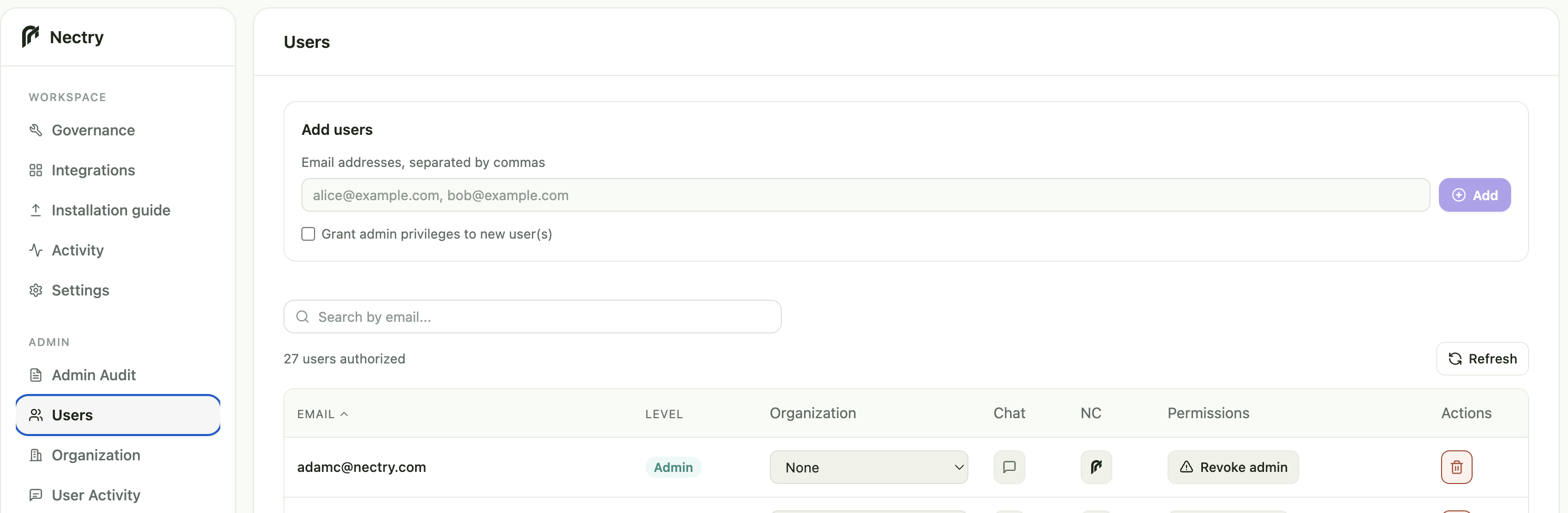 Nectry Users page for authorizing users and assigning administrative privileges